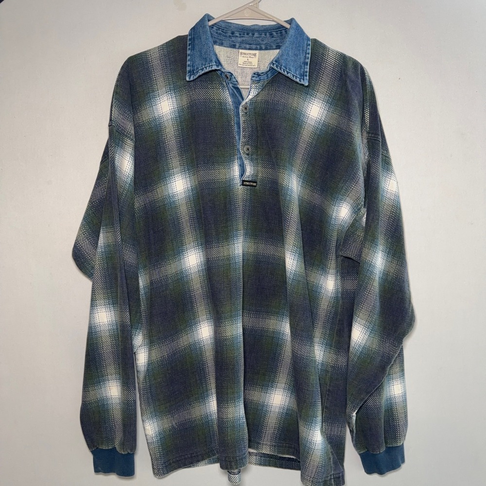 Vintage 90s Structure Rugby Polo Shirt Mens L Denim Collar Plaid Green USA Made
